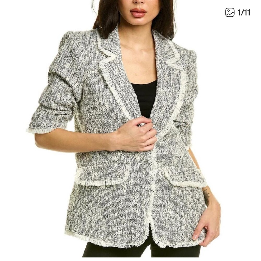 Cinq à Sept Erin Fringed Boucle‎ Fray Tweed Blazer Black/Ivory Size 4